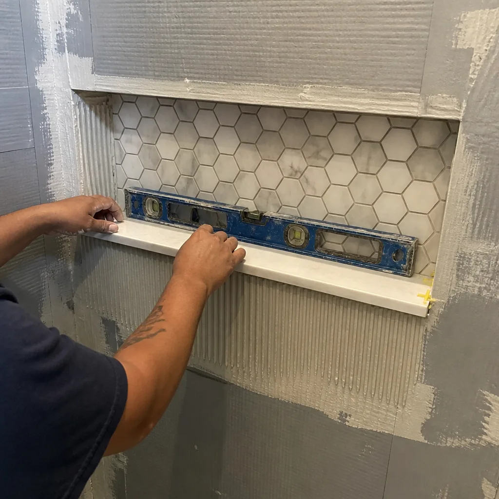 Professional contractor installing a marble shower niche shelf during bathroom renovation
