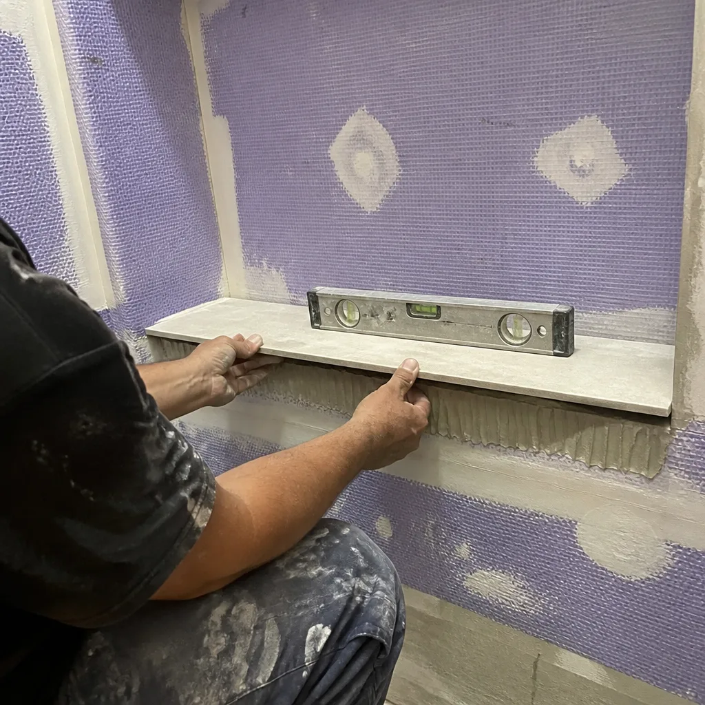 Professional tiling a shower niche during a bathroom remodeling project