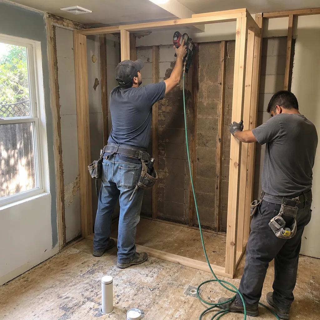 Contractors framing a new wall during a bathroom remodeling project.