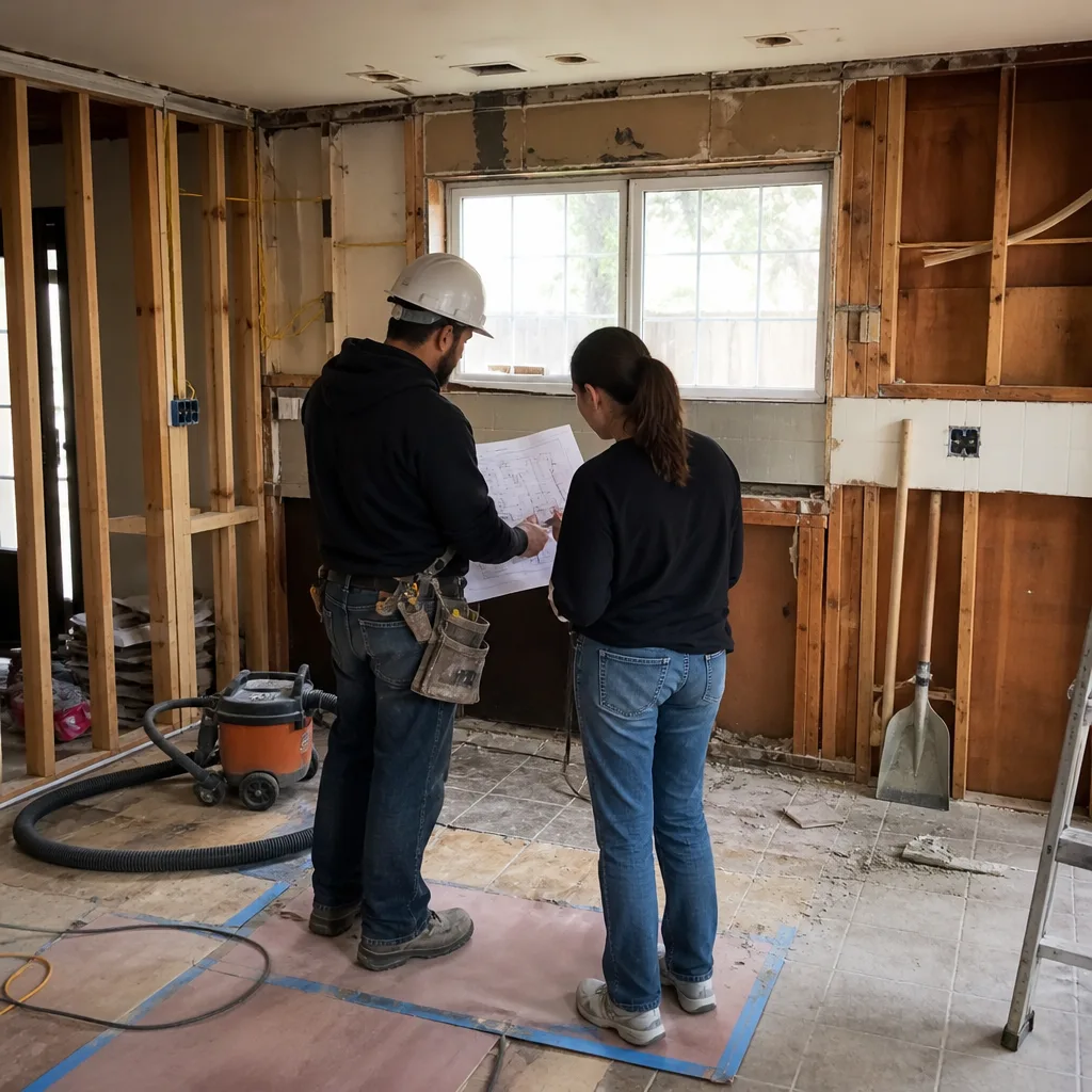 General contractor and client reviewing construction blueprints in a house under renovation