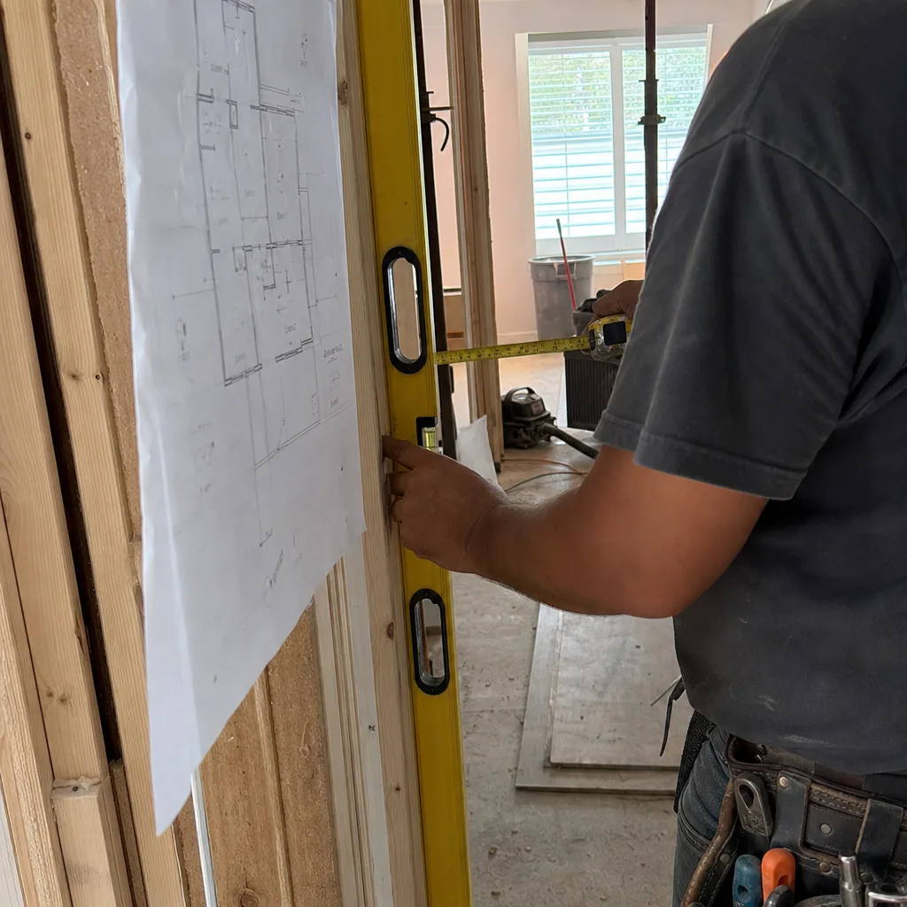 General contractor measuring a wall frame with blueprints and a level.