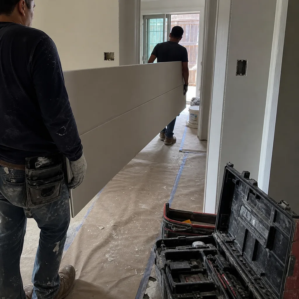Two construction workers carrying a large drywall panel during home renovation