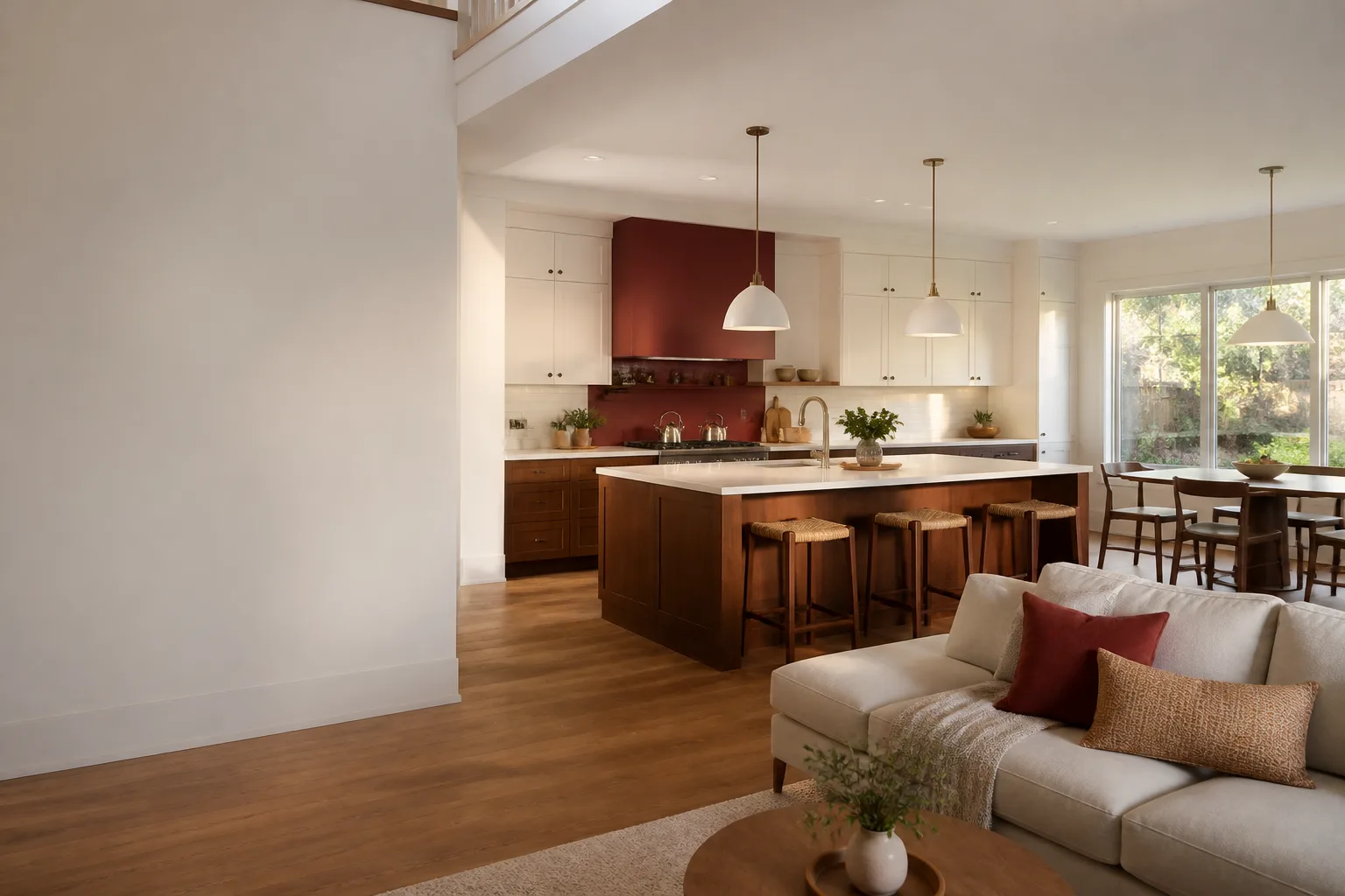 A remodeled open kitchen with a wood island and a painted range wall