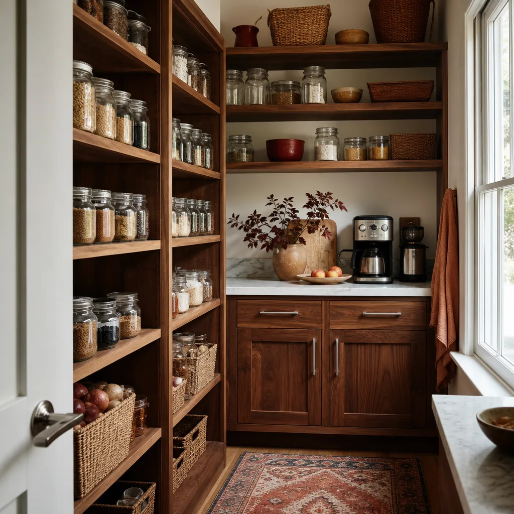 A walk-in pantry with wood shelving