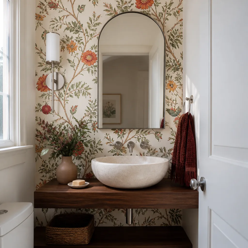 A powder room with botanical wallpaper and a stone sink