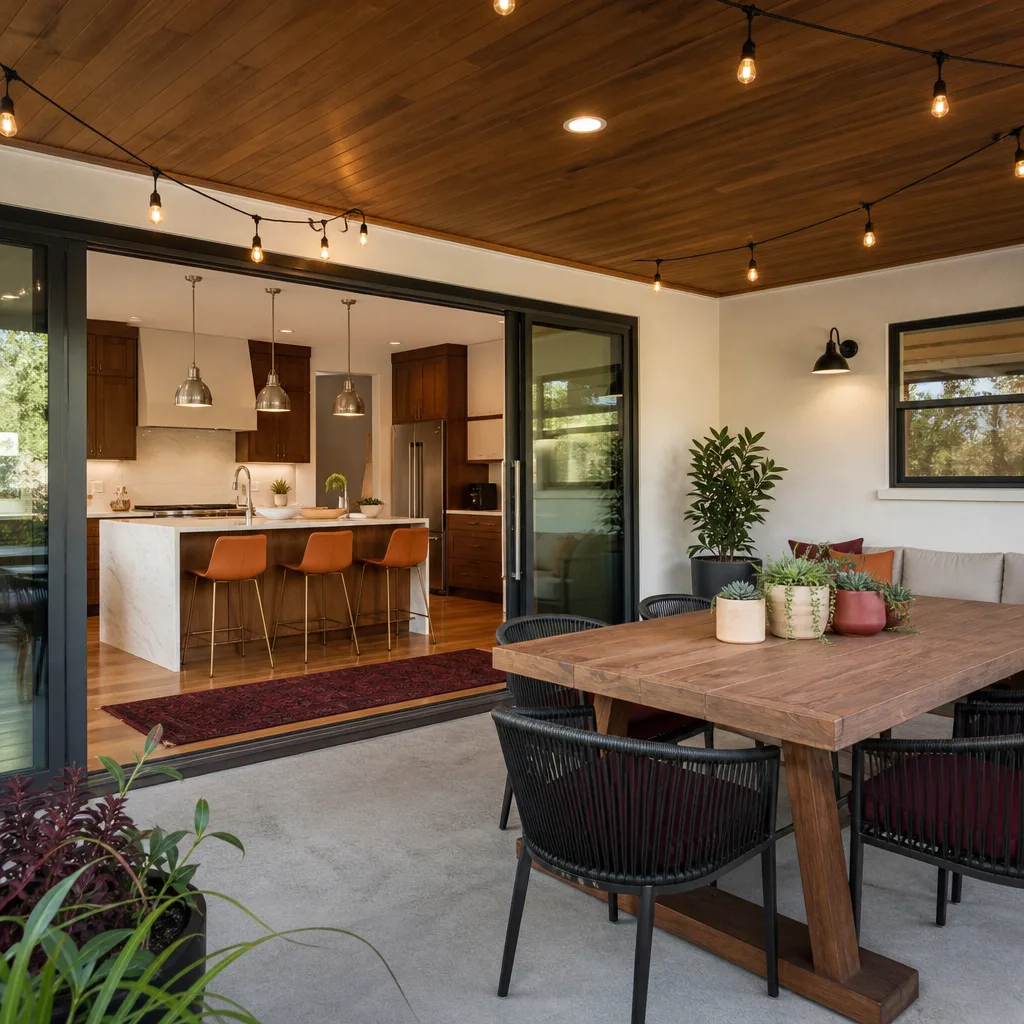 A covered patio opening from a remodeled kitchen