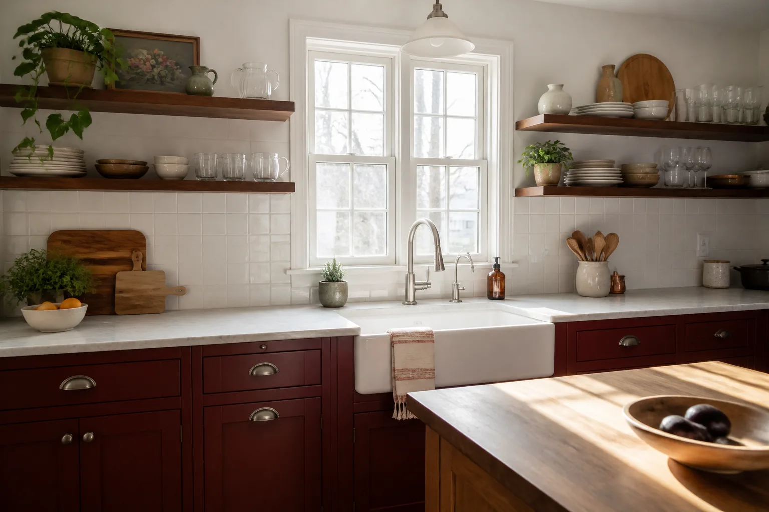 A remodeled kitchen with painted cabinets and a farmhouse sink