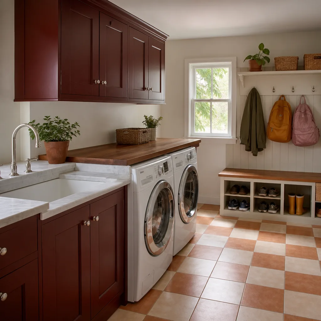 A remodeled laundry and mudroom with a bench, cubbies and painted cabinets